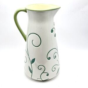 Demdaco Fleurish Pitcher Home Decor Vase White Green Ceramic Floral Vine Vintage